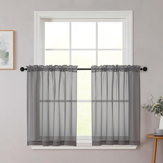 Grey Kitchen Curtains 30 Inch Length Tier 2 PCS, Solid Soft Half Curtains for Windows, Grey Sheer Rod Pocket Drapes for Bathroom Basement Small Window Curtain, 42" Wx30 L Inches