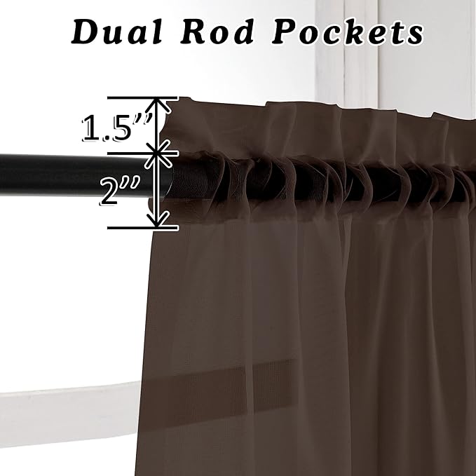 OVZME Brown Sheer Curtains 36 inches Long, Short Kitchen Window Treatment Solid Sheers Cafe Curtains Tiers Voile Half Window Curtains 2 Panels for Kitchen Room Laundry, Rod Pocket, 42" Wx36 L