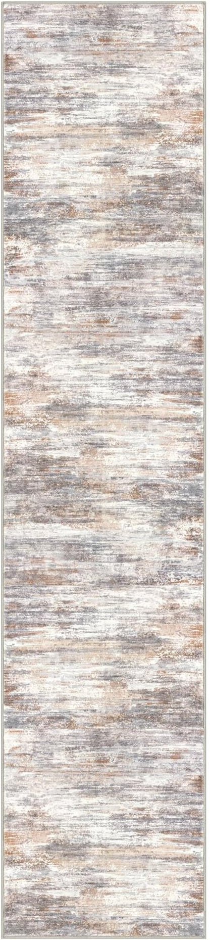 KOZYFLY Modern Abstract Washable Rug Runner 2.6x12 Hallway Rug Runner Non-Slip Soft Kitchen Runner Rugs, Multi Grey/Orange Striped Carpet for Entryway Bathroom
