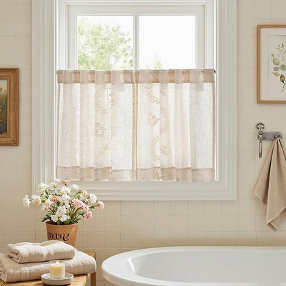 jinchan Belrose Linen Floral Kitchen Curtains 24 inch Length Embroidered Farmhouse Cafe Curtains for Living Room Bathroom Small Windows Curtain Set Sheer Light Filtering 2 Panels Ivory