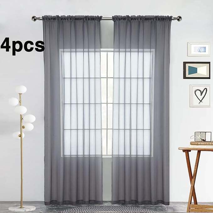 SpaceDresser Grey Sheer Curtains 4 Panels Rod Pocket Semi-Sheer Curtain 96 Inches Long Light Filtering Voile Window Drapes for Bedroom Living Room Kitchen, Each 52W x 96L