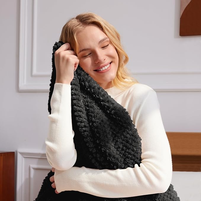 Whale Flotilla Queen Size Fuzzy Fleece Blanket for Bed, 90x90 Inch Fluffy Warm Soft Jacquard Blankets for All Season, Lightweight and Cozy, Black