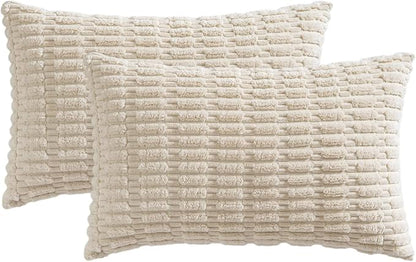 MIULEE Pack of 2 Corduroy Decorative Lumbar Throw Pillow Covers 20x12 Inch Soft Boho Striped Pillow Covers Modern Farmhouse Home Decor for Sofa Living Room Couch Bed Cream White