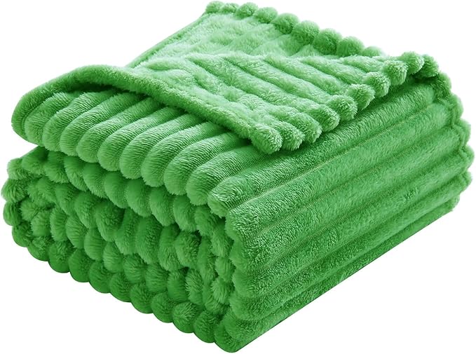 Bright Green Fleece Throw Blanket 60”×80” for Couch Sofa Bed,Super Soft Cozy Plush Microfiber Flannel Blanket with Stripes Design Lightweight for Adults,Woman,Girls