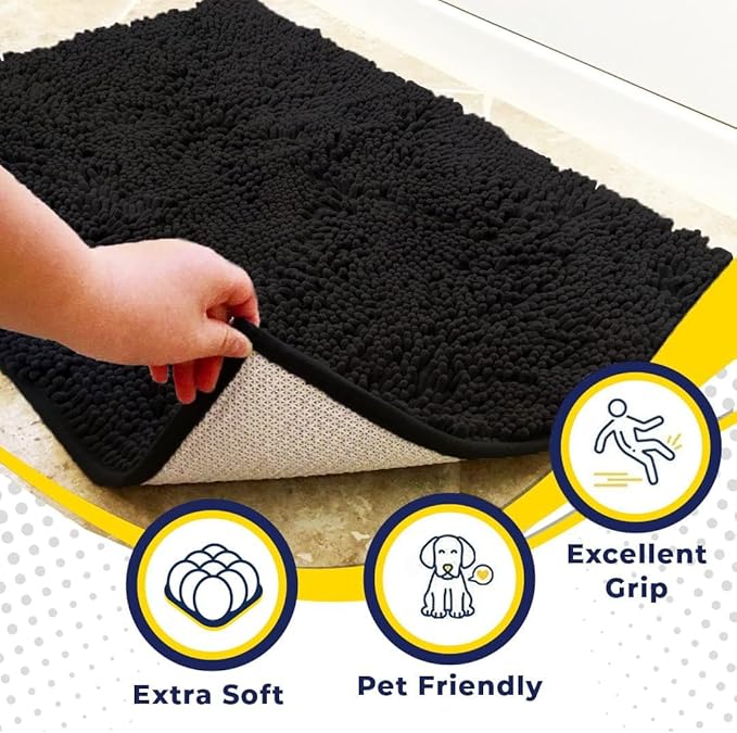 Muddy Mat® | Super Absorbent Door Mat Indoor, Microfiber Quick Dry Chenille Entryway Rug, Non-Slip Front Door Mat, Indoor Mats for Entryway, Machine Washable Pet Rug, Black 24"x36"