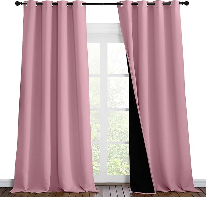 NICETOWN 100% Blackout Blinds, Set of 2, 52 inches x 120 inches, Laundry Room Decor Window Treatment Curtains for Large Patio Sliding Door, Thermal Insulated Crystal Pink Curtains for Bedroom