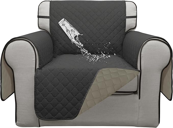 ISSUNTEX Double Protection 100% Waterproof Chair Sofa Cover for Living Room, Reversible Furniture Protector for Dogs, Pets, Kids (Chair, Dark Gray/Beige)