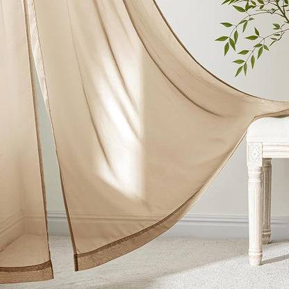 MIULEE Brown Sheer Curtains 90 Inches Long, 4 Panels Set, Rod Pocket Voile Drapes Light Filtering and Semi Transparent, Elegant Window Treatments for Bedroom Living Room,42 x 90 Inches