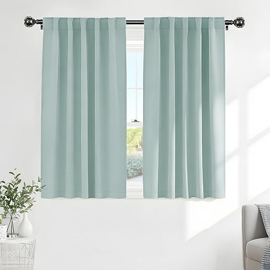 PONY DANCE Short Curtain Panels - Kitchen Curtains Room Darkening Light Blocking Energy Saving Short Drapes/Bedroom with Back Tab Home Decor, 42 in Wide by 45 Long, Mint Green, 2 PCs