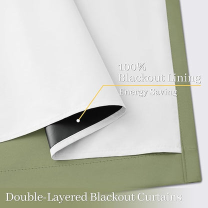 Yakamok 100% Blackout Curtain Panels 84 inches Cold and Light Blocking Drapes for Nursery, 2 Thick Layers Thermal Insulated Draperies (2 Pieces, 50 Wide Each Panel, Sage Front with White Backing)