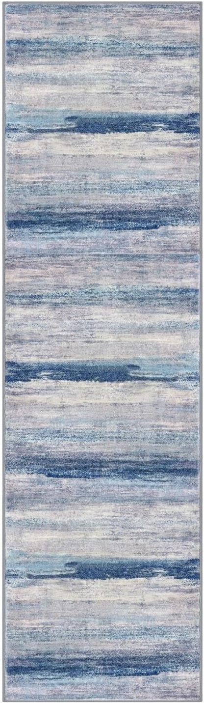 KOZYFLY 3x10 Ft Rug Modern Ombre Runner Rug for Hallway, Washable Kitchen Rugs Non-Slip Soft Striped Entryway Rug, Print Blue/Grey/Beige Abstract Carpet for Laundry Nursery