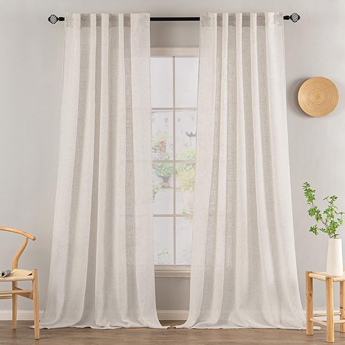 MIULEE White Linen Curtains 90 Inch Length 2 Panels for Bedroom Living Room, Soft Thick Linen Textured Natural Window Drapes Semi Sheer Light Filtering Back Tab Rod Pocket Burlap Look Decor, W37xL90
