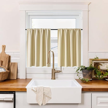 RYB HOME 100% Blackout Bathroom Curtains Over Sink 30 inches Long, Heat & UV Blocking Total Room Darkening Noise Reducing Curtains for Basement RV Campers, Biscotti Beige, 2 Panels Set