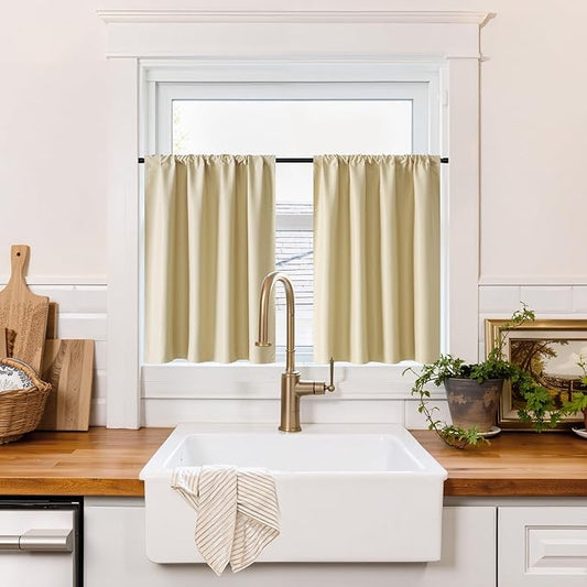 RYB HOME 100% Blackout Basement Curtains 24 inches Long, Heat & UV Blocking Total Room Darkening Noise Reducing Curtains for Bathroom RV Campers, Biscotti Beige, 2 Panels Set