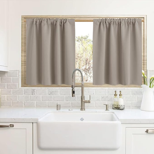 RYB HOME Cafe Blackout Curtains 24 inch Length, RV Curtains for Camper Windows, Mini Short Small Insulating Light UV Heat Blocking Privacy Half Window Tiers, Width 42 by Length 24, Sand, 2 Panels
