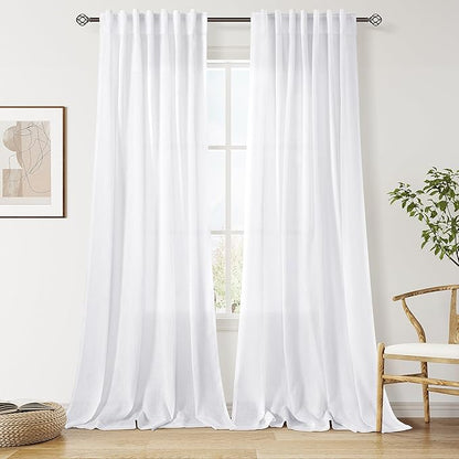 Snow White Linen Curtains 90 Inches Long for Living Room Light Filtering Semi Sheer Curtain Back Tab Luxury Neutral Coastal Modern Farmhouse Decor Drapes for Bedroom Dinner Room 52x90, 2 Panels