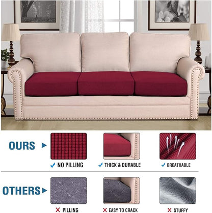 H.VERSAILTEX Super Stretch Individual Seat Cushion Covers - Sofa & Couch Cushion Slipcover Sets - Thick Jacquard Textured Twill Fabric (3 Piece XL Sofa Cushion Covers, Burgundy Red)