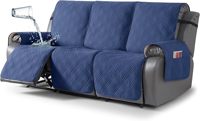 TAOCOCO 100% Waterproof Recliner Sofa Cover, Non Slip Split Couch Covers for Reclining Couches with Straps, Washable Reclining Sofa Cover Furniture Protector for Kids Pets(3 Seater, Ocean Blue)