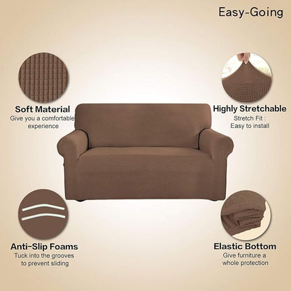 Easy-Going Stretch 4 Seater Sofa Slipcover 1-Piece Sofa Cover Furniture Protector Couch Soft with Elastic Bottom for Kids, Polyester Spandex Jacquard Fabric Small Checks Brown