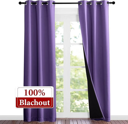 NICETOWN Lilac Purple Full Shade Curtain Panels, Pair of Thermal Insulated & Energy Efficiency Blackout Curtains for Living Room Windows, Lined Silky Performance Window Dressing (37" Wide x 84" Long)