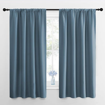 NICETOWN Window Curtains for Bedroom, Smoky Blue, 2 Panels, W42 x L48 -Inch, Home Decoration Thermal Insulated Rod Pocket Blackout Blinds & Drapes for Small Windows