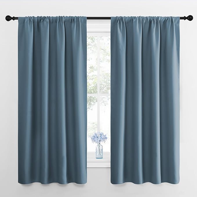 NICETOWN Kitchen Curtains, Short Blackout Curtains & Drapes, Smoky Blue, 42" Wide by 54" Long, 2 PCs, Thermal Insulated Blackout Curtain Panels for Kids Room, Play Room