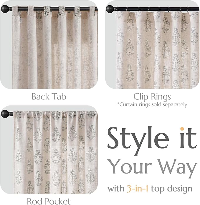 jinchan Linen Floral Curtains for Living Room 84 Inch Length Gray Flower Cottage Core Farmhouse Curtains Rod Pocket Back Tab Boho Semi Sheer Window Drapes Bedroom Set 2 Panels Grey on Beige