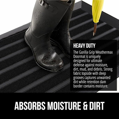 GORILLA GRIP 100% Waterproof All-Season WeatherMAX Doormat US Designed Natural Rubber, Stain and Fade Resistant, Low Profile Indoor Outdoor Door Mats, Easy Clean Patio Mat, 29x17, Black Stripe