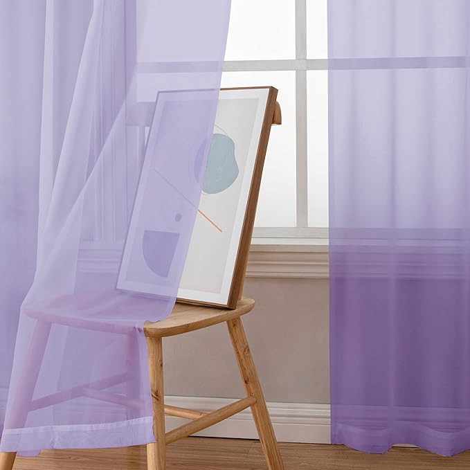 Simplebrand Lavender Sheer Curtains 96 Inches Long, Light Filtering Light Purple Rod Pocket Solid Color Window Sheer Curtain Panels, Elegant Curtains & Drapes for Living Room, Bedroom 2 Panels, 42" W