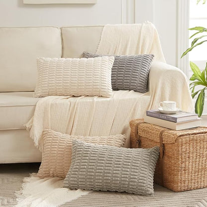Fancy Homi 4 Packs Boho Cream Decorative Throw Pillow Covers 16x24 Inch for Living Room Couch Bed Sofa, Rustic Modern Farmhouse Home Decor, Soft Plush Corduroy Beige Cute Square Cushion Case 40x60 cm