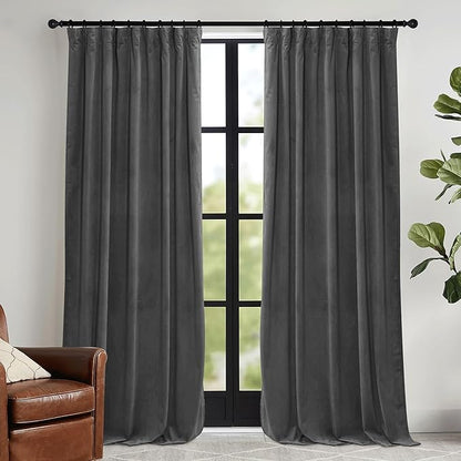 RYB HOME Grey Velvet Curtains 84 inches - Super Soft Blackout Curtains Thermal Insulated Drapes Heat Block Window Panels for Living Room Bedroom Studio, Wide 52 x Long 84, Grey, 2 Panels