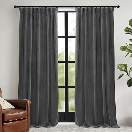 RYB HOME Grey Velvet Curtains 72 inches with Hook Belt, Soft Fabric Room Darkening Thermal Insulated Luxurious Home Decor Curtains for Living Room Bedroom, W 52" x L 72", 2 Panels Set