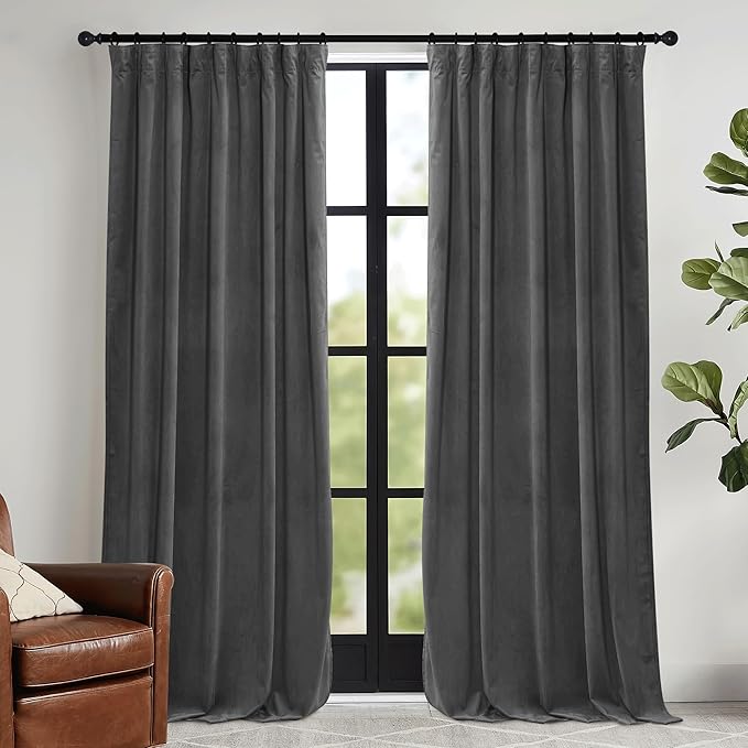 RYB HOME Velvet Blackout Curtains for Bedroom - Super Soft Room Darkening Curtains Thermal Insulated Drapes Heat Block Window Panels for Living Room, Wide 52 x Long 96, Grey, 2 Panels
