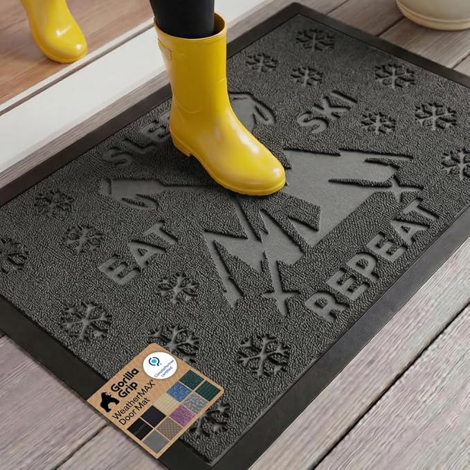 GORILLA GRIP 100% Waterproof All-Season WeatherMAX Doormat 35x23, US Designed Natural Rubber, Stain and Fade Resistant, Low Profile Indoor Outdoor Door Mats, Easy Clean Patio Mat, Graphite Skiing