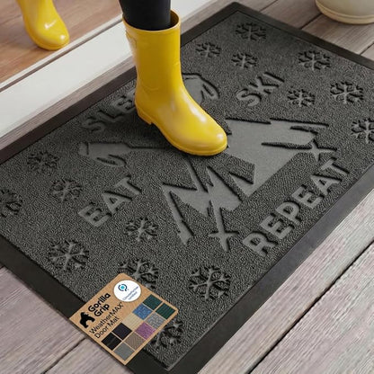 GORILLA GRIP 100% Waterproof All-Season WeatherMAX Doormat 35x23, US Designed Natural Rubber, Stain and Fade Resistant, Low Profile Indoor Outdoor Door Mats, Easy Clean Patio Mat, Graphite Skiing