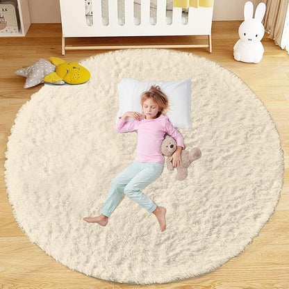 Cream White Round Rugs for Bedroom: 4ft Circle Fluffy Shag Soft Washable Rug Small Fuzzy Plush Indoor Carpet for Kids Girls Boys Nursery Dorm Classroom (Cream White, 4'x4')