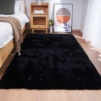 Ghouse Ultra Soft Faux Rabbit Fur Rug 5x8, Machine Washable Area Rugs for Bedroom Fluffy Rugs for Living Room, No-Shedding Carpet Sheepskin Rug Black