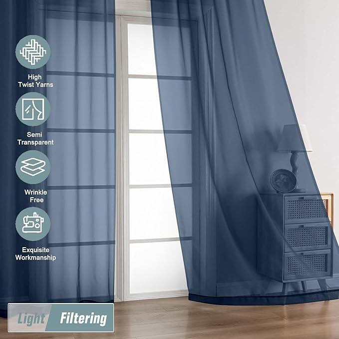 Navy Blue Sheer Curtains 84 Inches Long 2 Panels, Elegant Airy Transparent Light Filtering Window Curtains, Window Drapes for Living Room Bedroom, Top Dual Rod Pocket Design, 2x42Wx84L Inches