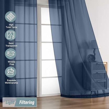 Navy Blue Sheer Curtains 84 Inches Long 2 Panels, Elegant Airy Transparent Light Filtering Window Curtains, Window Drapes for Living Room Bedroom, Top Dual Rod Pocket Design, 2x42Wx84L Inches