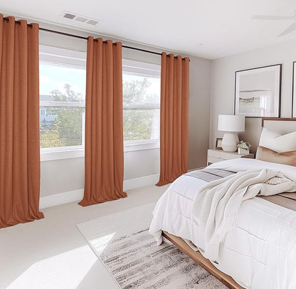 100% Blackout Shield Linen Blackout Curtains for Bedroom, Orange Grommet Curtains for Living Room, Thermal Insulated Room Darkening Drapes for Nursery, Boho Home Decor, 50" W x 96" L, 2 Panels