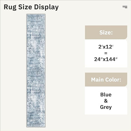 Runner Rug 2x12 Washable Non-Slip Hallway Runner Rugs for Kitchen Bathroom Laundry Room Blue/Grey Vintage Floor Carpet Runners for Hallways Entryway