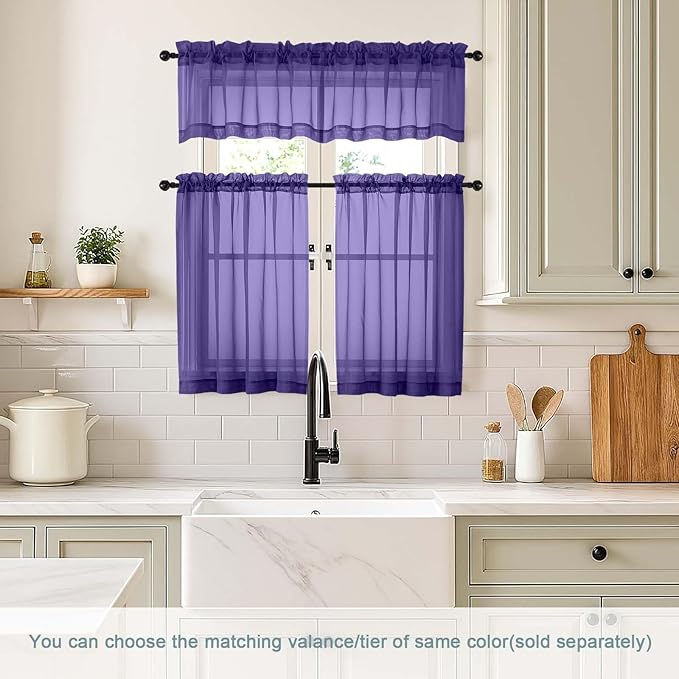 Purple Sheer Curtains Tier 30 Inches Length 2 Panels Set, Light Filtering Lightweight Soft Window Treatments Drapes, Cute Elegant Cafe Curtains for Nursery, Dual Rod Pocket, 2x42Wx30L Inches