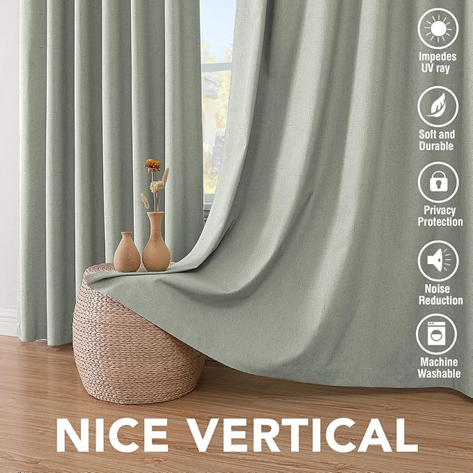 H.VERSAILTEX Bedroom Curtains Blackout, Sage Green Linen Blackout Curtains 84 Inches Long, 100% Blackout Thermal Textured Linen Look Curtain Draperies Grommet with White Liner, 2 Panels