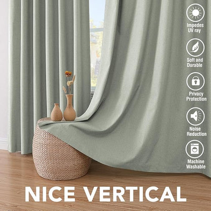 H.VERSAILTEX Bedroom Curtains Blackout, Sage Green Linen Blackout Curtains 84 Inches Long, 100% Blackout Thermal Textured Linen Look Curtain Draperies Grommet with White Liner, 2 Panels