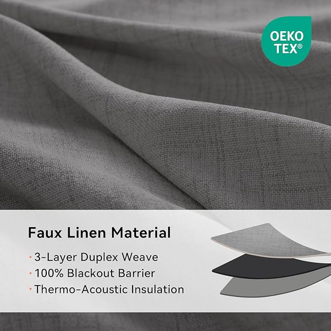 100% Blackout Shield Linen Blackout Curtains for Bedroom, Dark Grey Grommet Curtains for Living Room, Thermal Insulated Room Darkening Drapes for Nursery, Boho Home Decor, 50" W x 84" L, 2 Panels