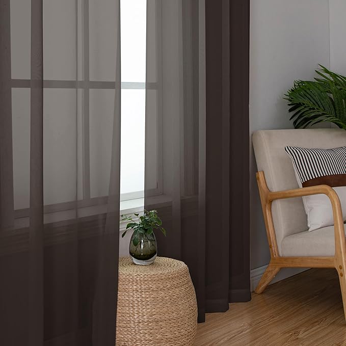 Chyhomenyc Sheer Chocolate Brown Curtains 90 inches Long 2 Panels, Light Filtering Soft Airy Solid Elegant Voile Window Treatment Drapes for Bedroom Living Room Wedding Party Decor, 42 Wx90 L Inches
