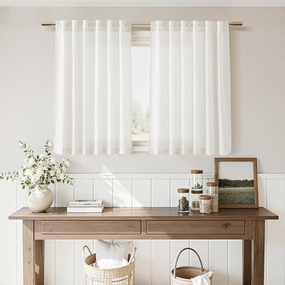 Beige White Linen Curtains for Kitchen Windows Over Sink Neutral 30 Inch Length Back Tab and Rod Pocket Light Filtering Semi Sheer Cafe Curtain for Bathroom RV Small Window 40 x 30 Inch,2 Panels