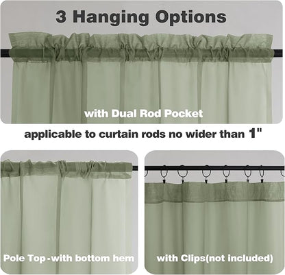 Chyhomenyc Sage Green Sheer Curtains 54 Inch Long 2 Panels Set, Short Rod Pocket Voile Drapes for Dinning Small Windows Bathroom Living Room Bedroom, Each 42Wx54L in, 2PCS, Sage Green