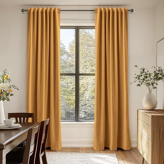 100% Blackout Shield Linen Blackout Curtains for Bedroom 84 Inches Long,Back Tab/Rod Pocket Living Room Drapes,Thermal Insulated Textured Blackout Curtains 2 Panels Set,50" W x 84" L,Mustard Yellow