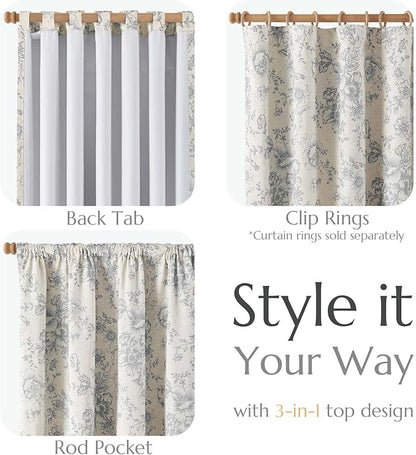 jinchan Blackout Floral Curtains for Living Room Bedroom Linen Blend Curtain Farmhouse Grey Printed with Lined Back Tab Rod Pocket Drapes Window Treatments 2 Panels 96 Inch Gray